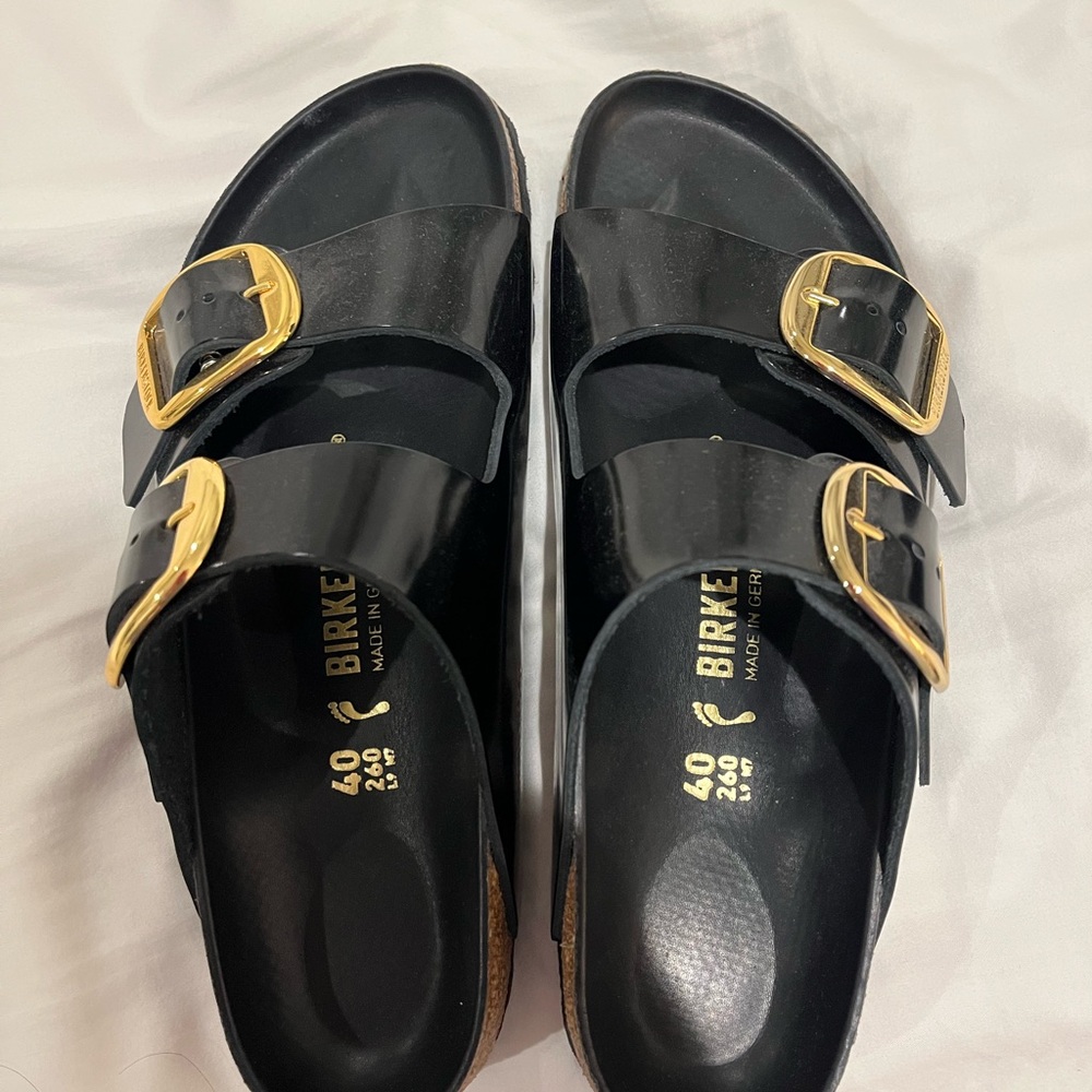 Birkenstock Arizona Big Buckle Natural Leather Patent Black Sandals with Gold